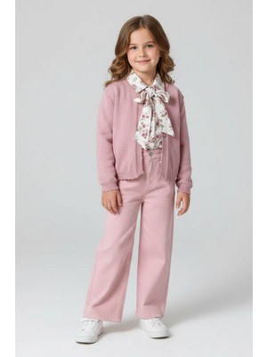 Eray Kids Kız Çocuk Buklet Hırkalı Çiçekli Bluz Geniş Paça Pantolon 3’lü Bayramlık Kombin Takım