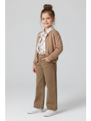 Eray Kids Kız Çocuk Buklet Hırkalı Çiçekli Bluz Geniş Paça Pantolon 3’lü Bayramlık Kombin Takım