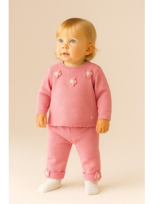 Eray Kids Kız Bebek Pamuklu Tüylenme Yapmayan Çiçek Detaylı Örme Triko Alt - Üst Takım (6-9-12-18 Aylık)