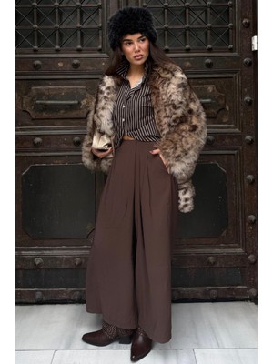 Madmext Kahverengi Rahat Kesim Pileli Cepli Kadın Etek Pantolon MG2693