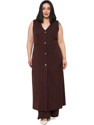 Disentis Modest Büyük Beden Maxi Yelek Pantolon Kahverengi Ikili Takım