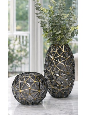 Aydınev 2 Li Pramit Tasarım Cam Vazo-Füme