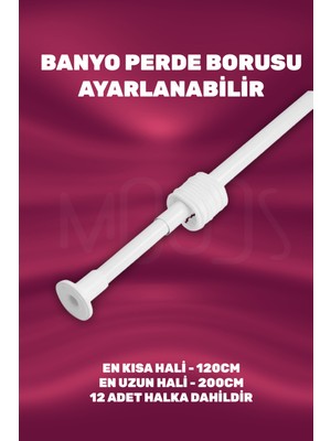 Moud's Banyo Perde Borusu 2 Mt, 120CM-200CM Beyaz Duş Perde Borusu Duşakabin Perde Askısı Yaylı Duş Borusu