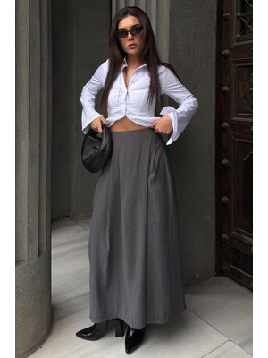 Madmext Antrasit Rahat Kesim Pileli Cepli Kadın Etek Pantolon MG2693