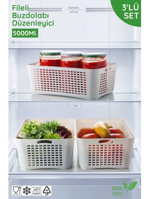 Nandy Home 3'lü Set Fileli, Çok Amaçlı Buzdolabı Düzenleyici Seti - Süzgeç, Organizer Seti