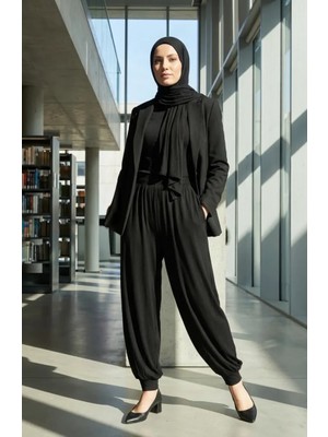 Beli Lastikli Dökümlü Şalvar 2026-01 Siyah