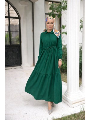 Comstar Kadın Uzun Kollu Büzgülü Tesettür K.yeşil Uzun Elbise