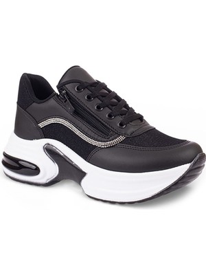 Modalendo 1511-26 Cilt Deri Simli Şeritli Anatomik Bağcıklı Kadın Sneaker Siyah Beyaz