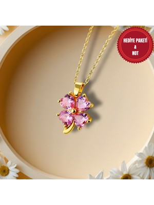 Muun Store Pembe Kalp Kesim Taşlı Yonca Detaylı Gold Renk Çelik Kolye – Sevgililer Günü Için Şık ve Anlamlı Hediye