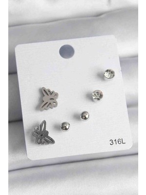 Butik Ayvitrin 316L Çelik Gümüş Renk Zirkon Taşlı Kelebek Model Kadın Küpe Seti