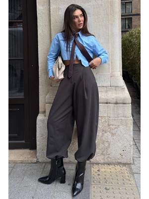 Madmext Koyu Kahverengi Pileli Cepli Balon Kadın Pantolon MG2692