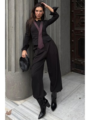 Madmext Siyah Pileli Cepli Balon Kadın Pantolon MG2692