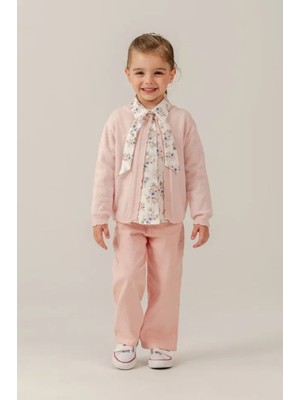Eray Kids Kız Çocuk Buklet Hırkalı Çiçekli Bluz Geniş Paça Pantolon 3’lü Bayramlık Kombin Takım