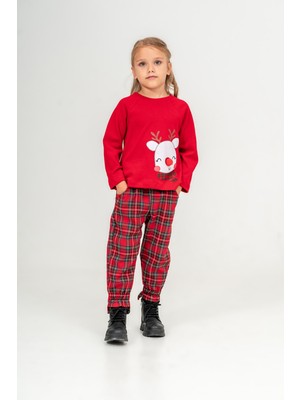 Eray Kids Yılbaşı Temalı Kız Çocuk Geyik Detaylı Sweatshirt Ekose Pantolon Alt Üst Takım