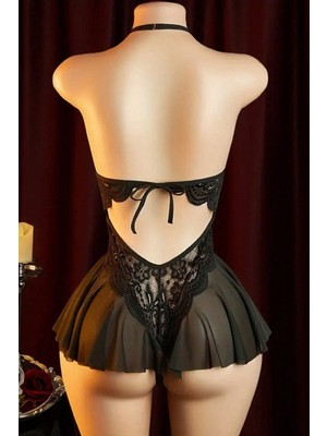 Intive Lingerie Kadın Dantel ve Tül Detaylı Derin V Yaka Teddy Gecelik