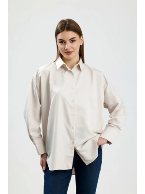İVRESSE Oversıze Saten Gömlek Bej
