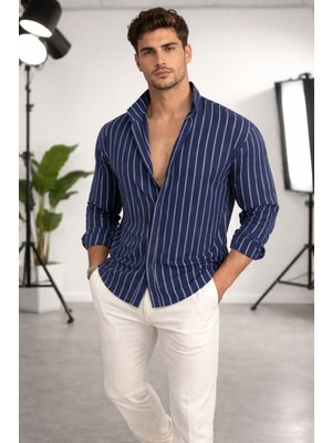 Tarz Cool Erkek Iki Çizgili Regular Relaxed Fit Uzun Kollu Gömlek