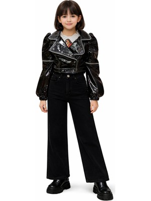 İrem Çocuk Giyim Kız Çocuk Parlak Rugan Ceket Uzun Kol Tişört Kot Pantolon Üçlü Siyah Renk Takım