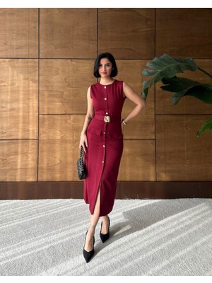 Asmil Gold Düğme ve Kemer Detaylı Elbise