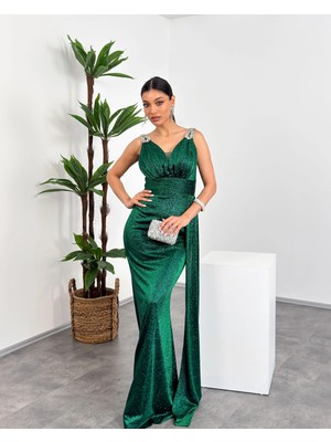 Mialora Kruvaze Yaka Omuz Boncuk Detaylı Püsküllü Maxi Kadın Elbise