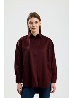 İVRESSE Oversıze Saten Gömlek Bordo