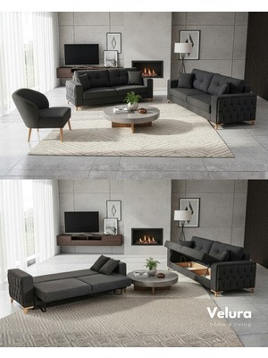 Nola Koltuk Takımı 3 1 & Bazalı Yataklı Koltuk - Antrasit Keten Kumaş