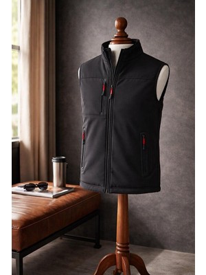 Vatan Tekstil Dik Yaka Slim Fit 3 Cepli Softshell Erkek Yelek Su Itici Kumaş