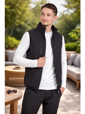 Vatan Tekstil Dik Yaka Slim Fit 3 Cepli Softshell Erkek Yelek Su Itici Kumaş