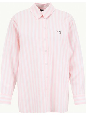 Fabrika Loose Fit Gömlek Yaka Çizgili Pembe - Beyaz Kadın Gömlek F6SL-GML0148