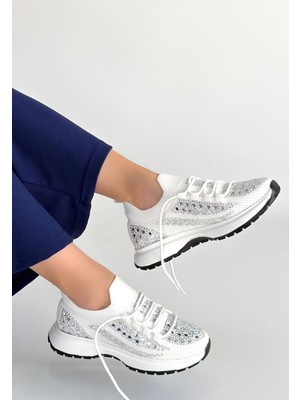 Zerenyus Ceas Beyaz Triko Taşlı Bağcıklı Kadın Spor Ayakkabı