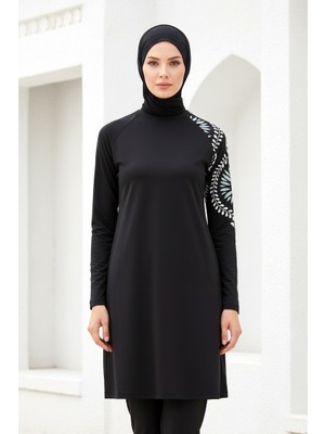Marina Tesettür Mayo Tam Kapalı Siyah Desenli Likralı 4’lü Set M2225