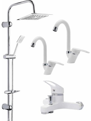 Fulcie Beyaz Robot Yağmurlama Duş Seti Banyo Mutfak Lavabo Bataryası 4' Lü Pirinç Musluk Seti