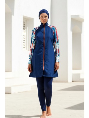 Marina Tesettür Mayo Tam Kapalı Lacivert Desen Detaylı Paraşüt Likralı 3’lü Set M2267