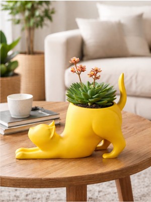 Dekoratif Esneyen Kedi Saksı-Bitki,Çiçek,Sukulent ve Kaktüs Saksısı-Modern Tarz Saksı