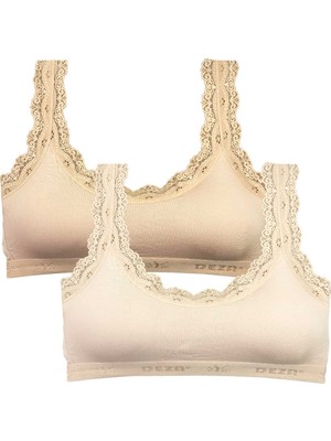 Royaleks 2 Adet Dantel Nakış Işlemeli Pedli Bambu Kadın Büstiyer Ten Krem