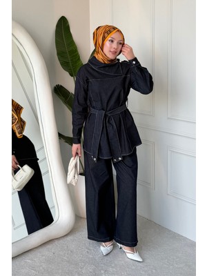 Tesettür Diyarı Imera Çıtçıtlı Kuşaklı Denim Kumaş Tesettür Takım- Lacivert