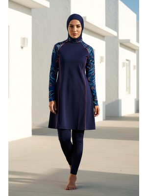 Marina Tesettür Mayo Tam Kapalı Lacivert Desenli Likralı 3’lü Set M2230