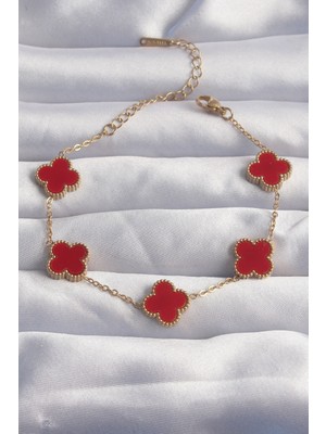 Epilons 316L Çelik Gold Renk Kırmızı Mineli Yonca Bileklik - TJ-BB6264