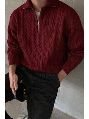 Tarz Cool Erkek Yarım Fermuarlı Bordo Saç Örgü Triko Kazak Yarım Balıkçı Yaka