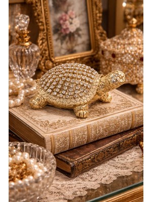 Gold Kristal Taşlı Kaplumbağa Biblo 9x7 cm – Dekoratif Şans Getiren Obje, Lüks Vitrin & Kitaplık Süsü