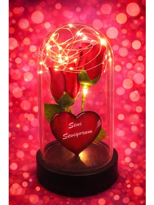 Piyan Kırmızı Gül Çiçek Demet Işıklı Fanus 14 Şubat Sevgililer Günü Hediyesi Seni Seviyorum Yazılı