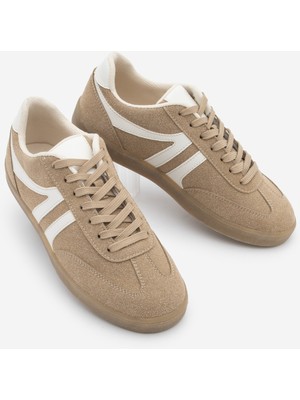 Marjin Kadın Sneaker Bağcıklı Düz Taban Spor Ayakkabı Tiyone Camel Süet