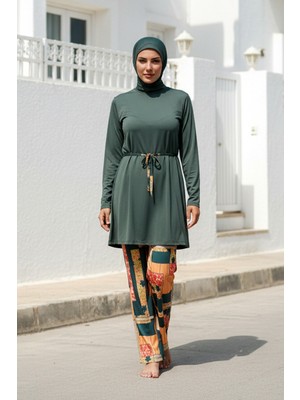 Marina Tesettür Mayo Tam Kapalı Haki Bel Bağlama Detaylı Likralı 3’lü Set M2226