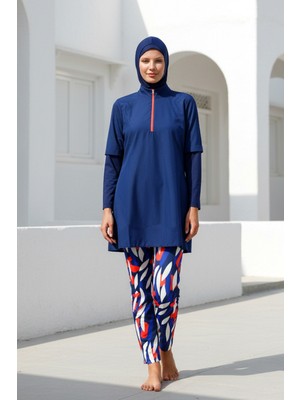 Marina Tesettür Mayo Tam Kapalı Lacivert Desenli Paraşüt Likralı 4’lü Set M2262