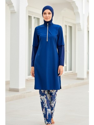 Marina Tesettür Mayo Tam Kapalı Lacivert Yaprak Desenli Paraşüt Likralı 4’lü Set M2260