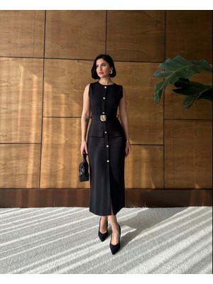 Asmil Gold Düğme ve Kemer Detaylı Elbise