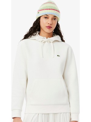 Lacoste Relaxed Fit Hoodie Cotton Sweatshirt Kadın Kapüşonlu Sweatshirt Beyaz