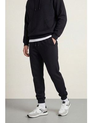 Mmetalic Erkek Siyah Arka Cep Etiket Detaylı Paça Lastikli Regular Fit Eşofman Altı