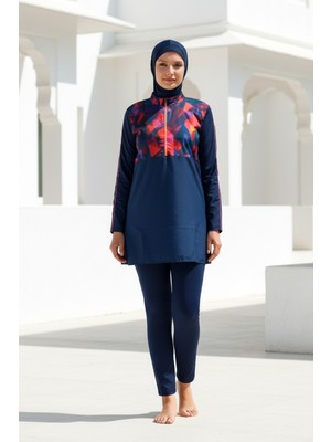 Marina Tesettür Mayo Tam Kapalı Lacivert Desenli Paraşüt Likralı 3’lü Set M2269