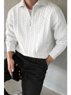 Tarz Cool Erkek Yarım Fermuarlı Saç Örgü Triko Kazak